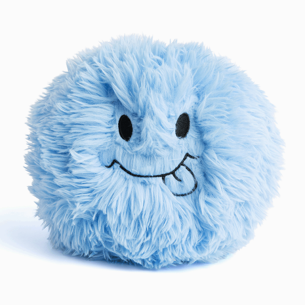 Short video showing Blue Hug Ball on white background alternating "Sweet" and "Silly" expressions