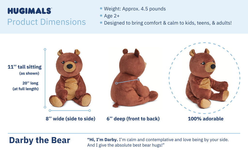 a card showing dimensions of Darby the Bear Hugimal: 11" tall sitting, 6" deep, 8" wide, 100% adorable
