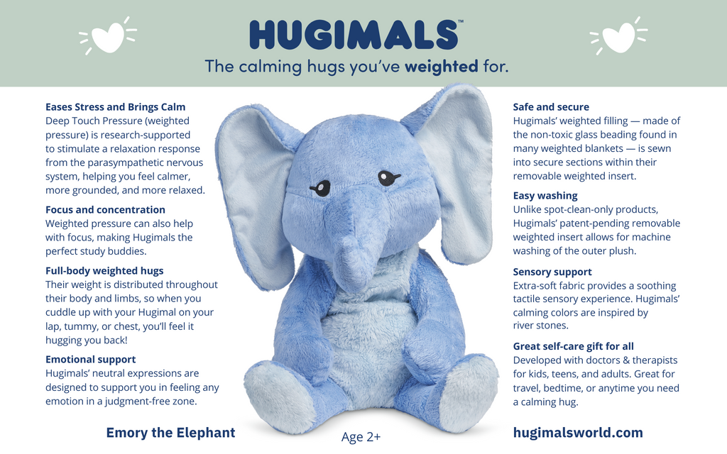 A card sharing some features and benefits of Hugimals. Benefits include easing stress, emotional support, and that it's a great self-care gift for all
